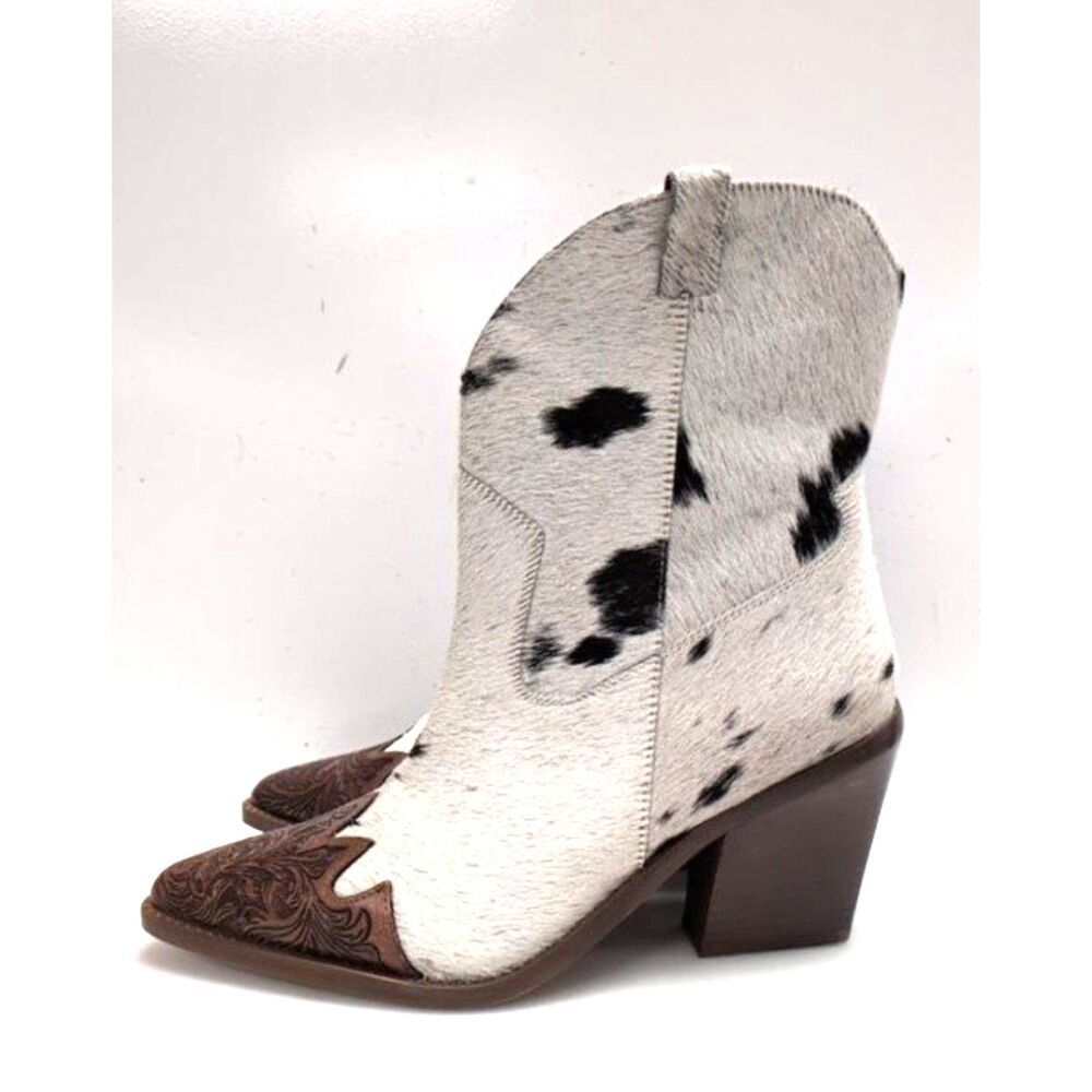 Myra Flossie Hairon Western Ankle Boots Size 11 Black White Cowhide Leather